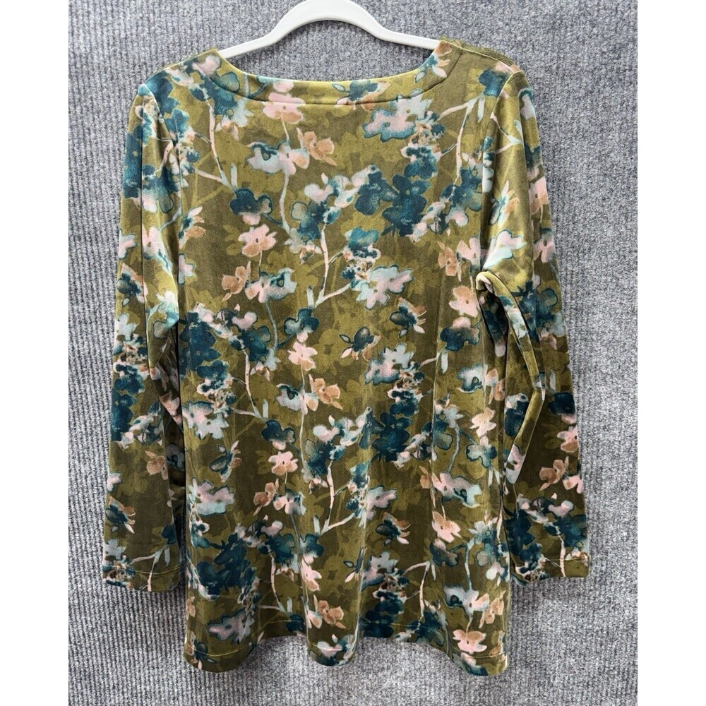 J. Jill Pure Jill Tunic Top Medium Green Floral Velour Velvet V Neck Long Sleeve - Picture 4 of 9